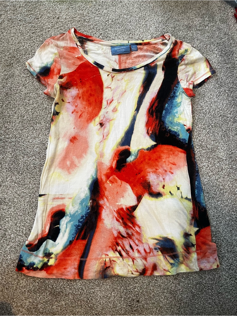 Vera Wang Colorful Abstract Scoop Neck Tee - Red Multicolor